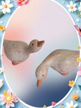 Vintage Style Of 2 Duck Figurines  Terracotta, Shelf Sitters Light Pink 5" L